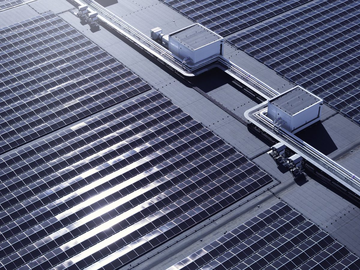 Rooftop solar installation seen from above