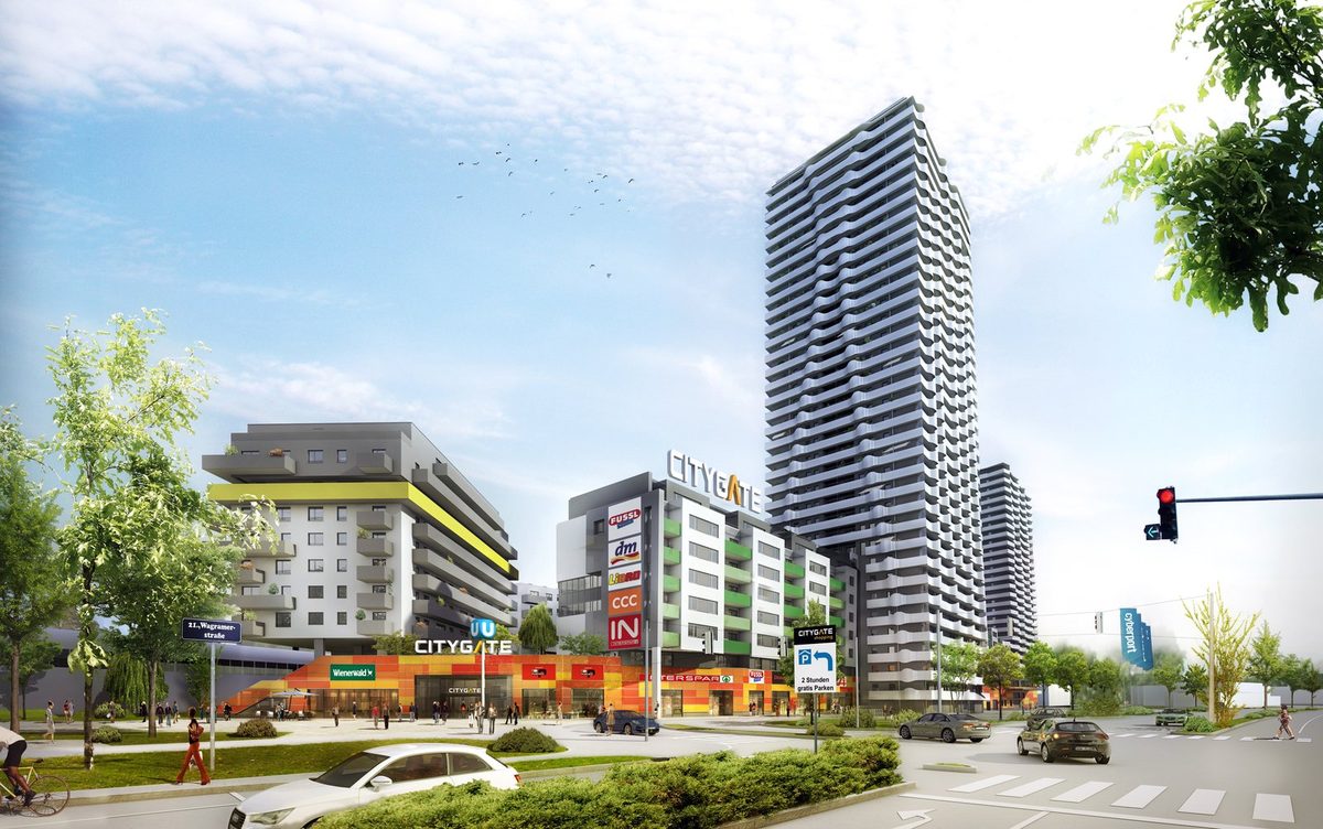 Citygate, visualisation of the residential towers and shopping center in Vienna